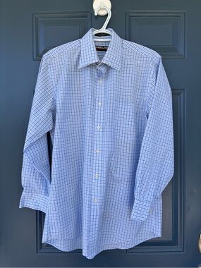 Blue and White Checked Dress Shirt - Men's No-Iron; Size 15.5